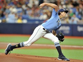 Tampa Bay Rays starter Tyler Glasnow pitches against the Boston Red Sox during the first inning of a baseball game Sunday, April 21, 2019, in St. Petersburg, Fla.