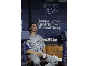 Kansas City Royals starting pitcher Homer Bailey sits on the bench after being taken out of the game against the Tampa Bay Rays during the second inning of a baseball game Tuesday, April 23, 2019, in St. Petersburg, Fla.