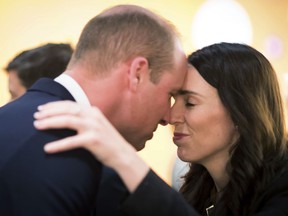 Britain's Prince William and New Zealand's Prime Minister Jacinda Ardern attend an Anzac Day service at Auckland War Memorial Museum in Auckland, New Zealand Thursday, April 25, 2019.