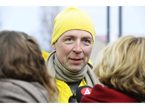 Chairman of the Finns Party Jussi Halla-aho campaigns for the Finnish parliamentary elections in Tuusula, Finland, Saturday, April 13, 2019, a day ahead of the elections.