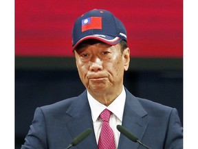 FILE - In this Feb. 2, 2019, file photo, Terry Gou , chairman of Hon Hai Precision Industry Co. Ltd., also known as Foxconn, delivers a speech during the company's annual carnival for employees in Taipei, Taiwan. The head of Foxconn Technology Group said Monday, April 15, 2019, he is planning to step away from day-to-day operations at the world's largest electronics provider. Gou said that he wants to work on a book about his management philosophy honed over 45 years and prepare a younger generation to eventually take over operations at the company.