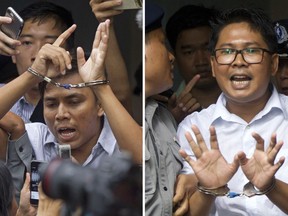 FILE - In this Sept. 3, 2018, combination file photo, Reuters journalists Kyaw Soe Oo, left, and Wa Lone, are handcuffed as they are escorted by police out of a court in Yangon, Myanmar. Myanmar's Supreme Court on Tuesday, April 23, 2019, rejected the final appeal of the two Reuters journalists and upheld seven-year prison sentences for their reporting on the military's brutal crackdown on Rohingya Muslims. They earlier this month shared with their colleagues the Pulitzer Prize for international reporting, one of journalism's highest honors.