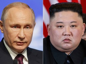 FILE - This combination file photo, shows Russian President Vladimir Putin, left, in St. Petersburg, Russia, April 9, 2019, and North Korean leader Kim Jong Un in Hanoi, Vietnam, on Feb. 28, 2019. When Kim meets with Putin for their first one-on-one meeting, he will have a long wish list and a strong desire to notch a win after the failure of his second summit with U.S. President Donald Trump in February 2019.