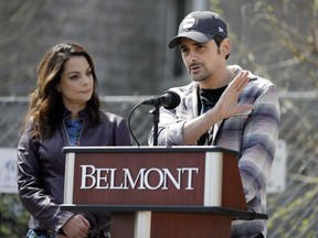 Country music star Brad Paisley and his wife, actress Kimberly Williams-Paisley, speak at the groundbreaking ceremony for The Store, a free grocery store for people in need, Wednesday, April 3, 2019, in Nashville, Tenn.