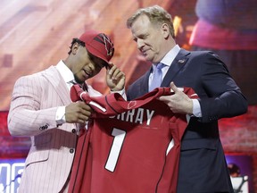 Oklahoma quarterback Kyler Murray poses with NFL Commissioner Roger Goodell after the Arizona Cardinals selected Murray in the first round at the NFL football draft, Thursday, April 25, 2019, in Nashville, Tenn.