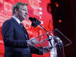 NFL Commissioner Roger Goodell announces that the Atlanta Falcons selected Boston College guard Chris Lindstrom during the first round at the NFL football draft, Thursday, April 25, 2019, in Nashville, Tenn.