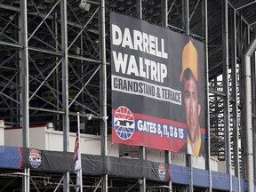 Signage for the Darrell Waltrip grandstand is seen at Bristol Motor Speedway before practice for a NASCAR Cup Series auto race, Friday, April 5, 2019, in Bristol, Tenn.