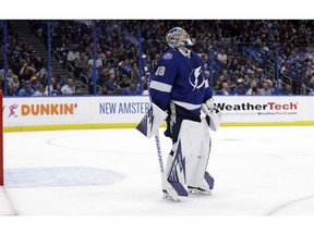 Tampa Bay Lightning goaltender Andrei Vasilevskiy reacts after giving up a goal to Columbus Blue Jackets defenseman Seth Jones during the third period of Game 1 of an NHL Eastern Conference first-round hockey playoff series Wednesday, April 10, 2019, in Tampa, Fla.
