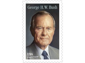 This photo provided by the U.S. Postal Service shows the new Forever stamp design honoring former President George H.W. Bush. The Postal Service said that the commemorative Forever stamp featuring Bush will be issued on his birthday, June 12. A first-day-of-issue ceremony will be held that day at the George H.W. Bush Presidential Library and Museum in College Station, Texas. (U.S. Postal Service via AP)