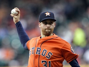 Houston Astros starting pitcher Collin McHugh throws against the Cleveland Indians during the first inning of a baseball game Friday, April 26, 2019, in Houston.
