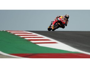 Marc Marquez (93), of Spain, steers through a turn during a warmup for the the Grand Prix of the Americas motorcycle race at the Circuit Of The Americas, Sunday, April 14, 2019, in Austin, Texas.