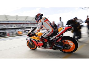 Marc Marquez (93), of Spain, speeds out of the garage after a pit stop during a final practice session for the Grand Prix of the Americas motorcycle race at the Circuit Of The Americas, Saturday, April 13, 2019, in Austin, Texas.