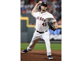 Houston Astros starting pitcher Gerrit Cole delivers during the first inning of a baseball game against the New York Yankees, Tuesday, April 9, 2019, in Houston.