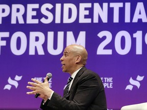Democratic presidential candidate Sen. Cory Booker, D-N.J., answers questions during a presidential forum held by She The People on the Texas State University campus Wednesday, April 24, 2019, in Houston.