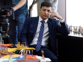 Ukraine comedian Volodymyr Zelenskiy, on the set of a movie in February, won the country's presidential election.