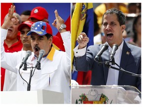 FILES - This combination of file photos shows Venezuela's President Nicolas Maduro on March 23, 2019 addressing supporters at an anti-imperialist rally, left, and self-proclaimed interim president of the country, Juan Guaidó, speaking to his supporters on Feb. 12, 2019 at a demonstration against Maduro's government, both in Caracas, Venezuela. Normalcy elsewhere in the world doesn't fit Venezuela, where two men say they are president.