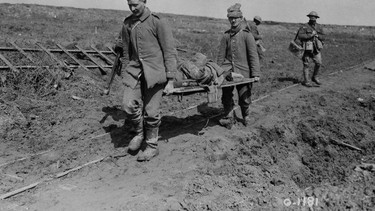 Bringing in the wounded at Vimy Ridge in April 1917.