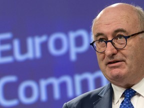 European Commissioner for Agriculture Phil Hogan speaks during a media conference at EU headquarters in Brussels, Monday, April 8, 2019. Hogan was briefing reporters on contingency plans in the farming sector for a no-deal Brexit.