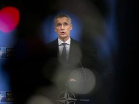 NATO Secretary General Jens Stoltenberg speaks during a media conference at NATO headquarters in Brussels, Monday, April 1, 2019. NATO foreign ministers mark in Washington on Thursday the 70th anniversary of the world's biggest security alliance amid heightened tensions with Russia and years of military stalemate in Afghanistan.