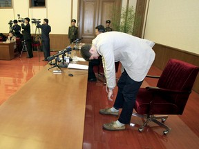 American student Otto Warmbier bows on Feb. 29, 2016, as he is presented to reporters in Pyongyang after his arrest.