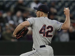 Cleveland Indians starting pitcher Trevor Bauer throws against the Seattle Mariners during the first inning of a baseball game, Monday, April 15, 2019, in Seattle.