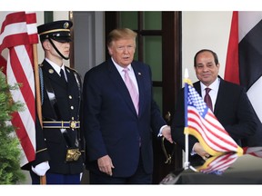President Donald Trump welcomes visiting Egyptian President Abdel Fattah el-Sisi to the White House in Washington, Tuesday, April 9, 2019.