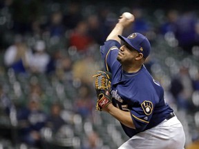 Milwaukee Brewers' Jhoulys Chacin pitches during the first inning of the team's baseball game against the Colorado Rockies on Tuesday, April 30, 2019, in Milwaukee.