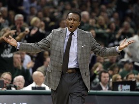 Detroit Pistons coach Dwane Casey yells to an official during the first half of Game 2 of the team's NBA basketball first-round playoff series against the Milwaukee Bucks on Wednesday, April 17, 2019, in Milwaukee.