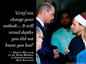 Britain's Prince William is farewelled by Imam Gamal Fouda after his visit to the Al Noor mosque in Christchurch, New Zealand, Friday, April 26, 2019.