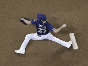 Milwaukee Brewers starting pitcher Zach Davies throws during the first inning of a baseball game against the Colorado Rockies Monday, April 29, 2019, in Milwaukee.