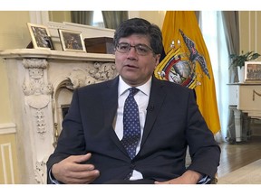 Ecuadorean Foreign Minister Jose Valencia speaks during an interview with The Associated Press at the residence of the ambassador of Ecuador to the U.S. in Washington, Monday April 15, 2019.