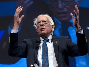 Presidential candidate Sen. Bernie Sanders of Vermont, speaks during the We the People Membership Summit, featuring the 2020 Democratic presidential candidates, at the Warner Theater, in Washington, Monday, April 1, 2019. Sanders says his campaign has raised $18.2 million in the 41 days since he launched his Democratic presidential bid.