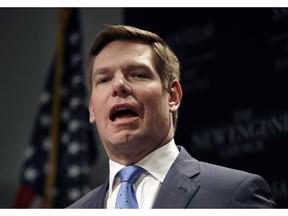 FILE - In this Feb. 25, 2019, file photo, Rep. Eric Swalwell, D-Calif., speaks at a Politics & Eggs event in Manchester, N.H. Swalwell is officially in the running for the 2020 Democratic presidential nomination. Swalwell made the announcement during a taping Monday, April 8, of CBS' "Late Show With Stephen Colbert."