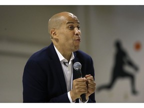 FILE - In this April 7, 2019, file photo, Democratic presidential candidate Sen. Cory Booker, D-N.J., speaks during a campaign stop in Londonderry, N.H. Booker is hoping a big rally in Newark, N.J., will mean a boost to a presidential campaign that's struggled to break through in a crowded field.