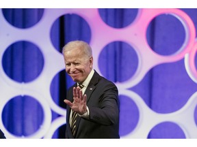 In this April 11, 2019, photo, former Vice President Joe Biden departs from a forum on the opioid epidemic, at the University of Pennsylvania in Philadelphia. As he prepares to note the passing of longtime South Carolina Sen. Fritz Hollings, Biden is returning to his role as eulogizer in chief.