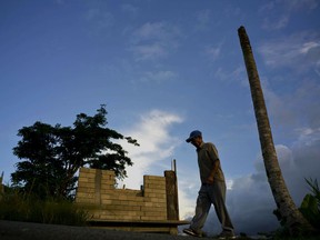FILE - In this Sept. 8, 2018, file photo, Ramon Alicea Burgos walks past his palm tree, with its top broken off one year ago by Hurricane Maria one outside his partially rebuilt home in the mountain town of Barranquitas, Puerto Rico. A fight between President Donald Trump and Democrats over hurricane relief for Puerto Rico is imperiling a widely backed disaster aid bill that is a top priority for some of Trump's southern GOP allies.