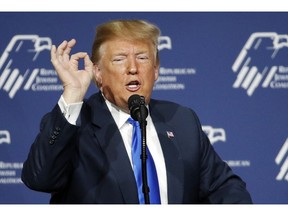 In this April 6, 2019, photo, President Donald Trump speaks at an annual meeting of the Republican Jewish Coalition in Las Vegas. Trump took a victory lap after special counsel Robert Mueller concluded his Russia investigation, but it may have been premature. The scramble to frame the investigation's findings in the best political light is sure to be renewed in coming days when Mueller's report is expected to be released in redacted form.