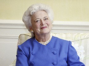 FILE - In this 1990 file photo, first lady Barbara Bush appears at the White House in Washington.