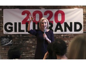 In this April 5, 2019, photo, Democratic presidential candidate Sen. Kirsten Gillibrand, D-N.Y., addresses a gathering during a campaign stop at a coffee house in Dover, N.H. Gillibrand has campaigned across eight states, pushed her rivals to release their tax returns and delivered a major speech outside a Trump-branded property in Manhattan in the months since launching her exploratory committee. Yet, she has struggled to break out of the pack of more than a dozen 2020 presidential candidates.