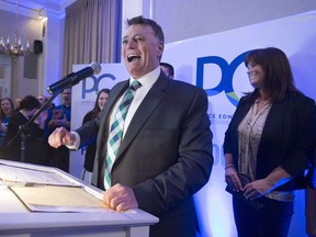 Progressive Conservative leader Dennis King, accompanied by his wife Jana Hemphill, right, addresses supporters after winning the Prince Edward Island provincial election in Charlottetown on Tuesday, April 23, 2019. Voters in P.E.I. have shed their century-old embrace of the Island's two-party system, electing a Tory minority government and handing the upstart Green party official Opposition status for the first time.