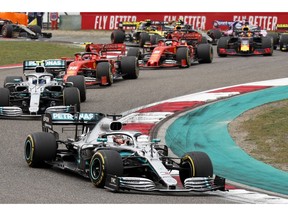 Mercedes driver Lewis Hamilton of Britain leads the field at the start of the Chinese Formula One Grand Prix at the Shanghai International Circuit in Shanghai, Sunday, April 14, 2019.