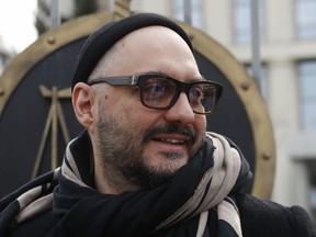 Russian theatre and film director Kirill Serebrennikov speaks to the media after a court hearing in Moscow, Russia, Monday, April 8, 2019. Moscow City Court released Serebrennikov from the house arrest on his own recognizance.