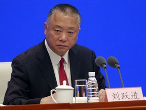 Liu Yuejin, vice commissioner of the National Narcotics Control Commission, speaks during a press conference in Beijing on Monday, April 1, 2019. China announced Monday that all fentanyl-related drugs, as a group, would become controlled substances, effective May 1, a step U.S. officials have long advocated as a way to stem the flow of lethal opioids from China.