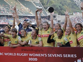 The Brazil team celebrates after winning the final match against Scotland at the World Rugby Women's Sevens Series Qualifier 2019 tournament in Hong Kong, Friday, April 5, 2019. Brazil won 28-19.