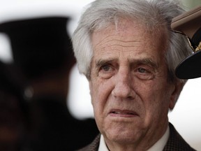 FILE - In this Oct. 29, 2018 file photo, Uruguay's President Tabare Vazquez attends a military ceremony in Montevideo, Uruguay. The Uruguayan leader dismissed on Monday, April 1, 2019, his newly-named army commander and five generals for concealing a crime committed during the country's 1973-1985 dictatorship.