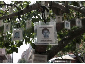 FILE - In this Aug. 26, 2016 file photo, laminated images of the 43 missing students from the teacher's college in Ayotzinapa, are tied to tree branches in Mexico City. Mexico has signed an agreement with the United Nations' top human rights official for technical assistance in its latest attempt to determine what happened to the 43 missing students. U.N. High Commissioner for Human Rights Michelle Bachelet said Monday, April 8, 2019, that Mexico's government is obligated to find the truth and that the process would be an opportunity to make deep changes to its justice system.