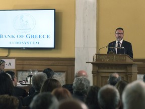 Bank of Greece Governor Yannis Stournaras gives a speech at the annual meeting of the bank's shareholders in Athens, on Monday, April 1, 2019.