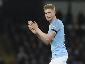 Manchester City's Kevin De Bruyne reacts during the English Premier League soccer match between Manchester City and Cardiff City at Etihad stadium in Manchester, England, Wednesday, April 3, 2019.