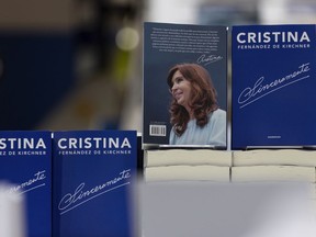 A display of the new book written by Argentina's former president Cristina Fernandez, stands at the Buenos Aires book fair, in Buenos Aires, Argentina, Friday, April 26, 2019. In what many see as a launch of her campaign to return to power, the former President looks set to shake the country's turbulent political landscape with the release of the new book.