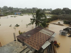 An aerial view of houses submerged in water in Pemba city on the northeastern coast of Mozambique, Tuesday, April, 30, 2019. Rains continued to pound Pemba and surrounding areas on Tuesday causing massive flooding and destruction.